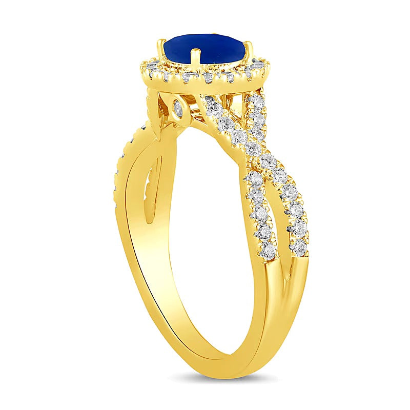 6,0mm blauer Saphir und Labordiamant 0,5 ct. Gesamtgewicht Fashion-Ring mit Halo und Crossover-Schiene in 14K Gelbgold