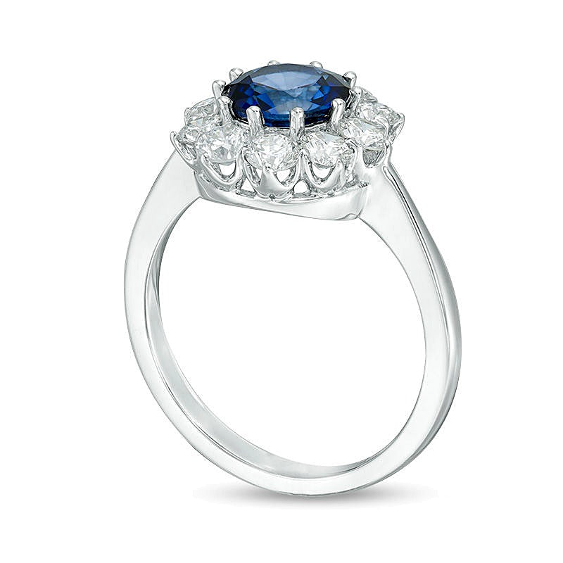 7,0mm blauer Saphir und Diamant Halo-Ring mit 1.0 ct. Gesamtgewicht in 14K Weißgold
