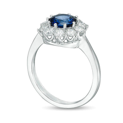 7,0mm blauer Saphir und Diamant Halo-Ring mit 1.0 ct. Gesamtgewicht in 14K Weißgold