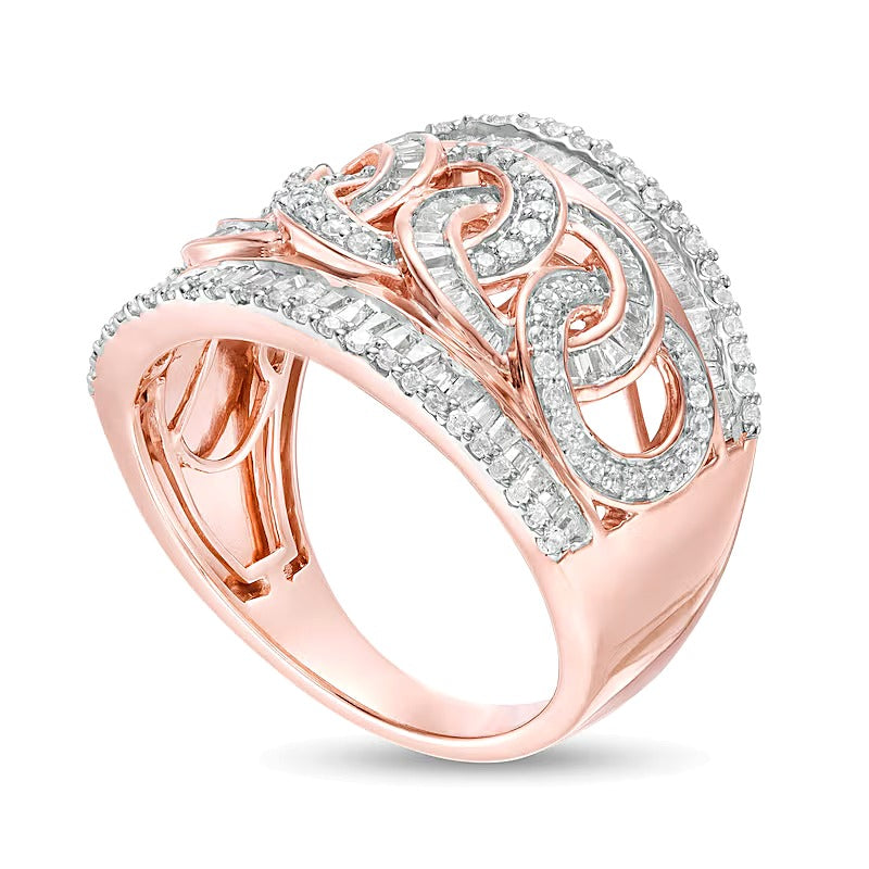 1.0 CT. Gesamtgewicht Ring im Kettenglied-Design mit Baguette- und runden Diamanten in 10K Roségold