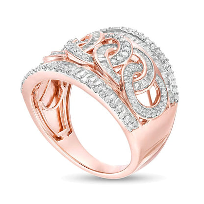 1.0 CT. Gesamtgewicht Ring im Kettenglied-Design mit Baguette- und runden Diamanten in 10K Roségold