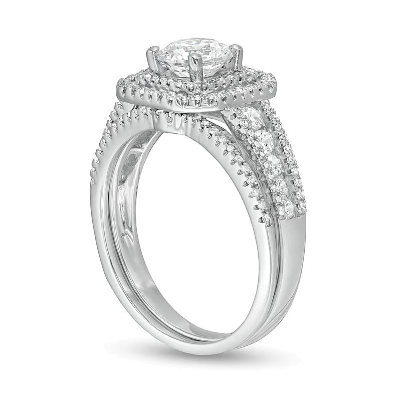1.38 CT. Gesamtgewicht Diamant Brautset mit mehrreihigem Schaft und doppeltem achteckigem Rahmen in 14K Weißgold