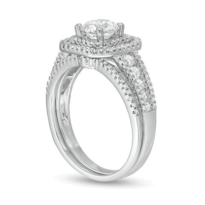 1.38 CT. Gesamtgewicht Diamant Brautset mit mehrreihigem Schaft und doppeltem achteckigem Rahmen in 14K Weißgold