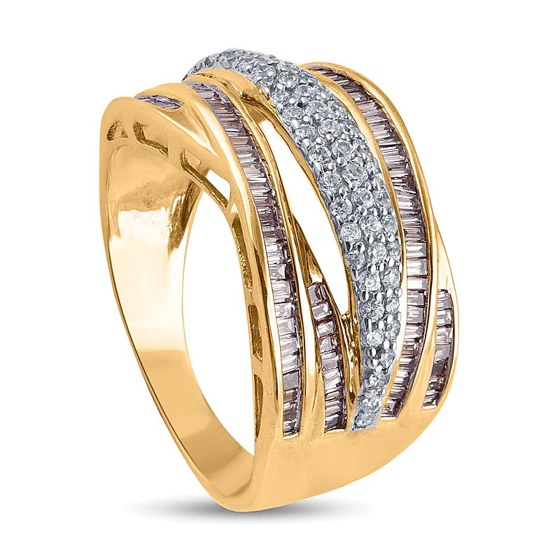 0.63 ct. Gesamtgewicht Champagner- und weißer Diamant mehrreihiger Criss-Cross Ring in 10K Gelbgold
