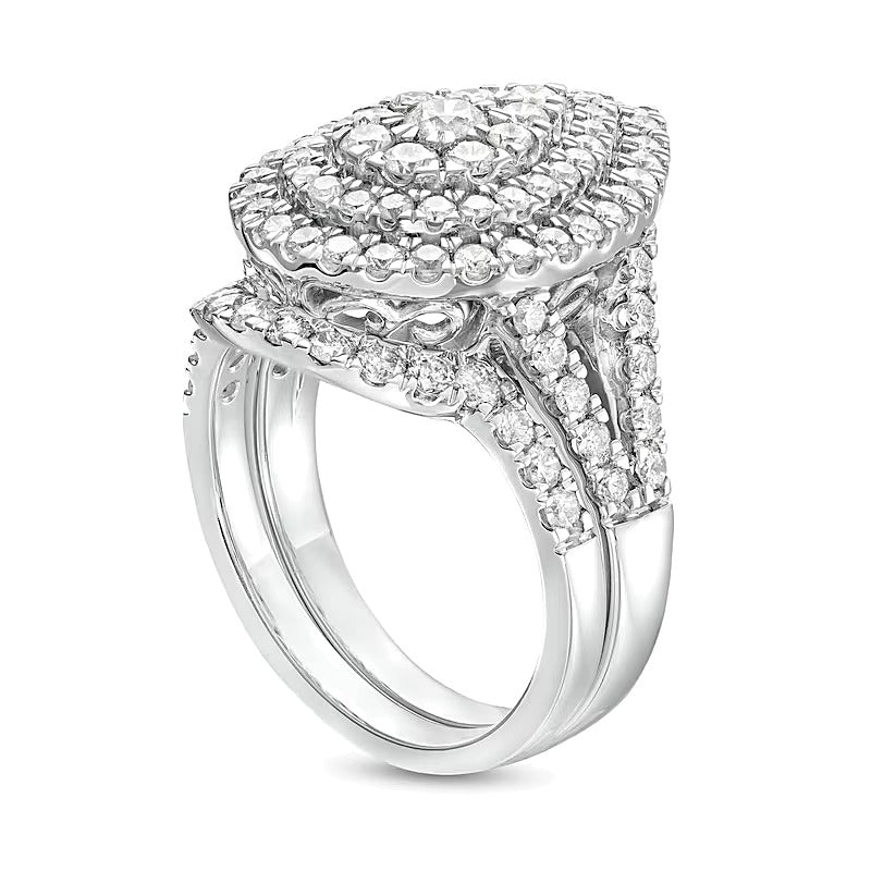 Braut-Set 2.0 ct. Gesamtgewicht mit tropfenförmigen Diamanten, doppeltem Rahmen und geteiltem Ringschienen-Design in 14K Weißgold