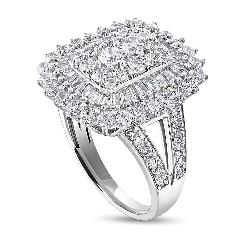 2.5 CT. Gesamtgewicht Cocktail-Ring mit Diamanten im Kissenschliff, Baguette- und Rundschliff in 10K Weißgold