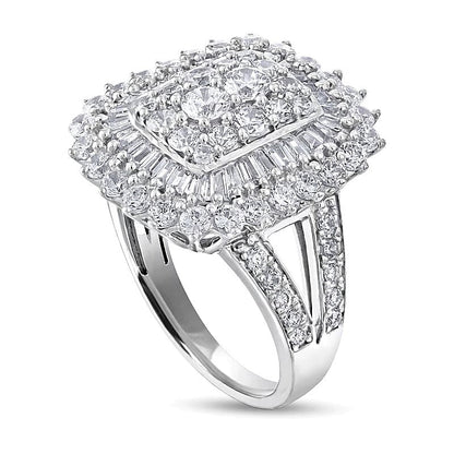 2.5 CT. Gesamtgewicht Cocktail-Ring mit Diamanten im Kissenschliff, Baguette- und Rundschliff in 10K Weißgold