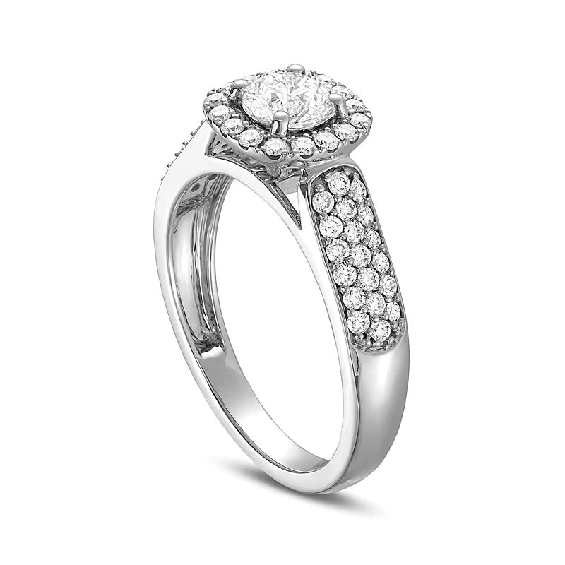 1.0 CT. Gesamtgewicht Diamant Verlobungsring mit Halo im Kissenschliff, dreireihig, in 14K Weißgold (I/I1)
