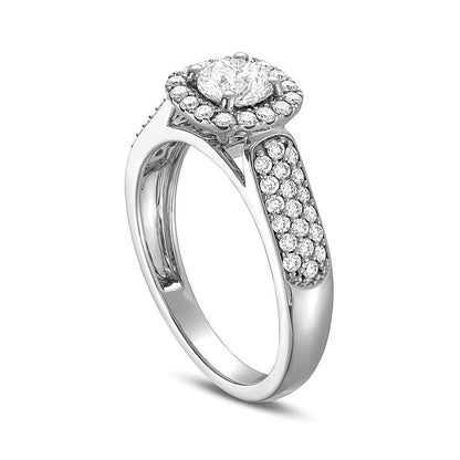 1.0 CT. Gesamtgewicht Diamant Verlobungsring mit Halo im Kissenschliff, dreireihig, in 14K Weißgold (I/I1)