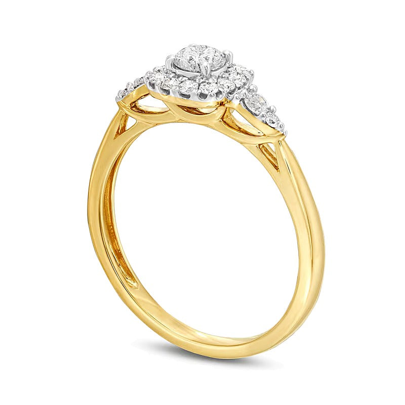 0.5 CT. Gesamtgewicht Diamant Halo Verlobungsring mit kanalgefasster Ringschiene in 10K Gelbgold (J/I3)
