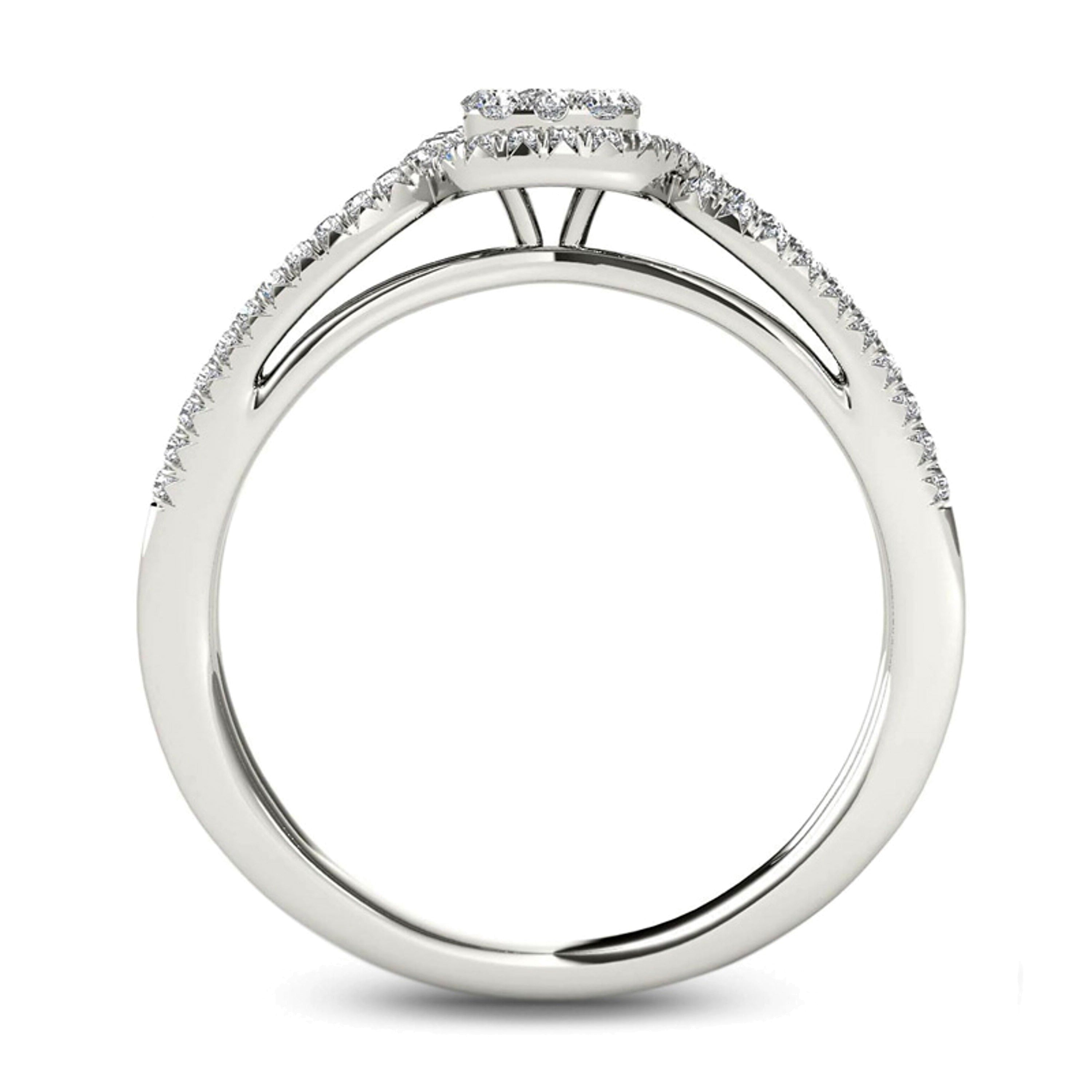 0,38 ct. Gesamtgewicht Verlobungsring mit mehreren Diamanten in Kissenschliff-Rahmen und geteilter Schiene aus 14K Weißgold