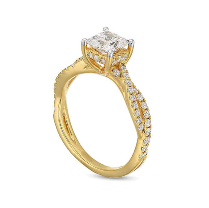 1,38 ct. Gesamtgewicht Verlobungsring mit Labordiamanten im Princess- und Rundschliff, Halo, in 14K Gelbgold (I/SI2)