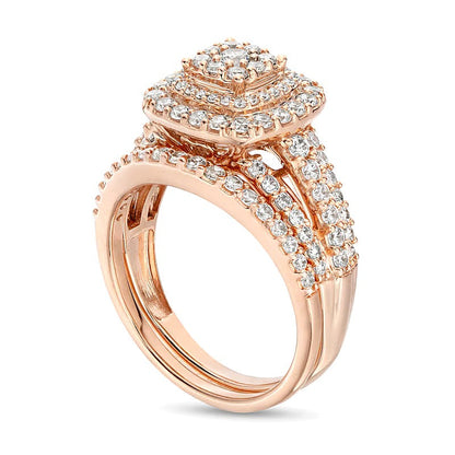 1.13 ct. Gesamtgewicht Braut-Set mit Diamanten im Kissenschliff, mehrreihig mit geteilten Krappen in 10K Roségold