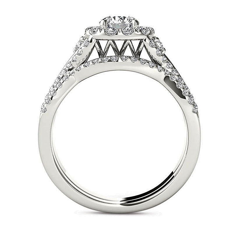 Braut-Set mit Diamanten 1.25 ct. Gesamtgewicht, rund, gedrehte Schiene mit Halo, in 14K Weißgold