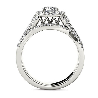 Braut-Set mit Diamanten 1.25 ct. Gesamtgewicht, rund, gedrehte Schiene mit Halo, in 14K Weißgold