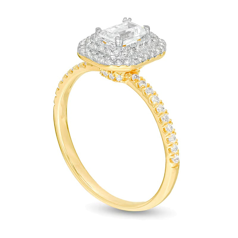 0,75 ct. Gesamtgewicht Verlobungsring mit Diamant im Smaragdschliff und doppeltem oktogonalem Halo in 14K Gelbgold
