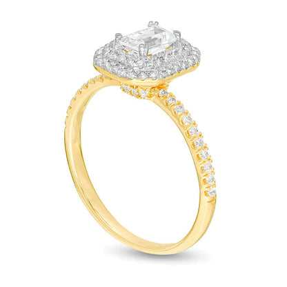 0,75 ct. Gesamtgewicht Verlobungsring mit Diamant im Smaragdschliff und doppeltem oktogonalem Halo in 14K Gelbgold