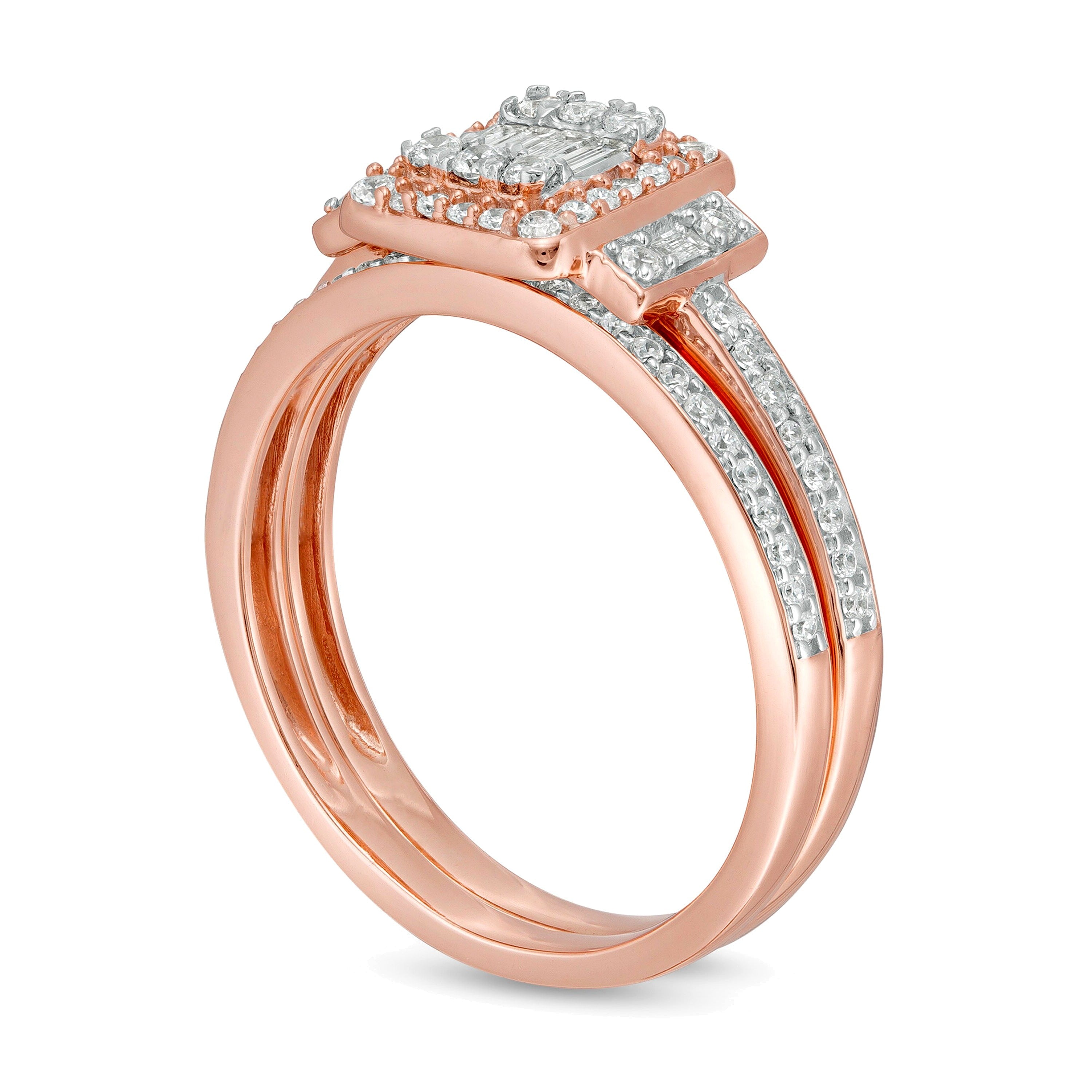 0.5 ct. Gesamtgewicht Komposit-Brautset mit weißen Diamanten im Baguette- und Rundschliff in 10K Roségold
