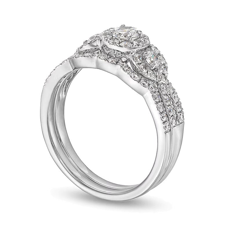 Diamant-Brautset Dreistein Halo 0,88 ct. Gesamtgewicht in 10K Weißgold