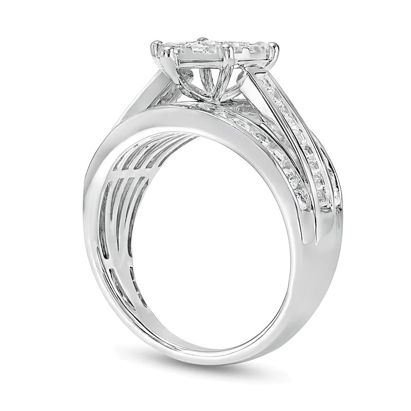 Verlobungsring mit Diamanten 1.5 ct. Gesamtgewicht in Marquise- und Rundschliff dreireihig in 10K Weißgold