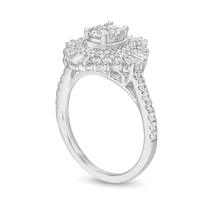 1.25 ct. Gesamtgewicht Komposit-Diamant Cocktail-Ring mit ovalem Starburst-Rahmen in 14K Weißgold