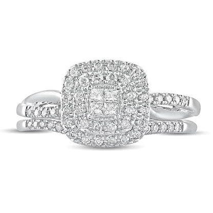 Braut-Set mit Diamanten im Princess-, Rund- und Kissenschliff 0.38 ct. Gesamtgewicht in 10K Weißgold
