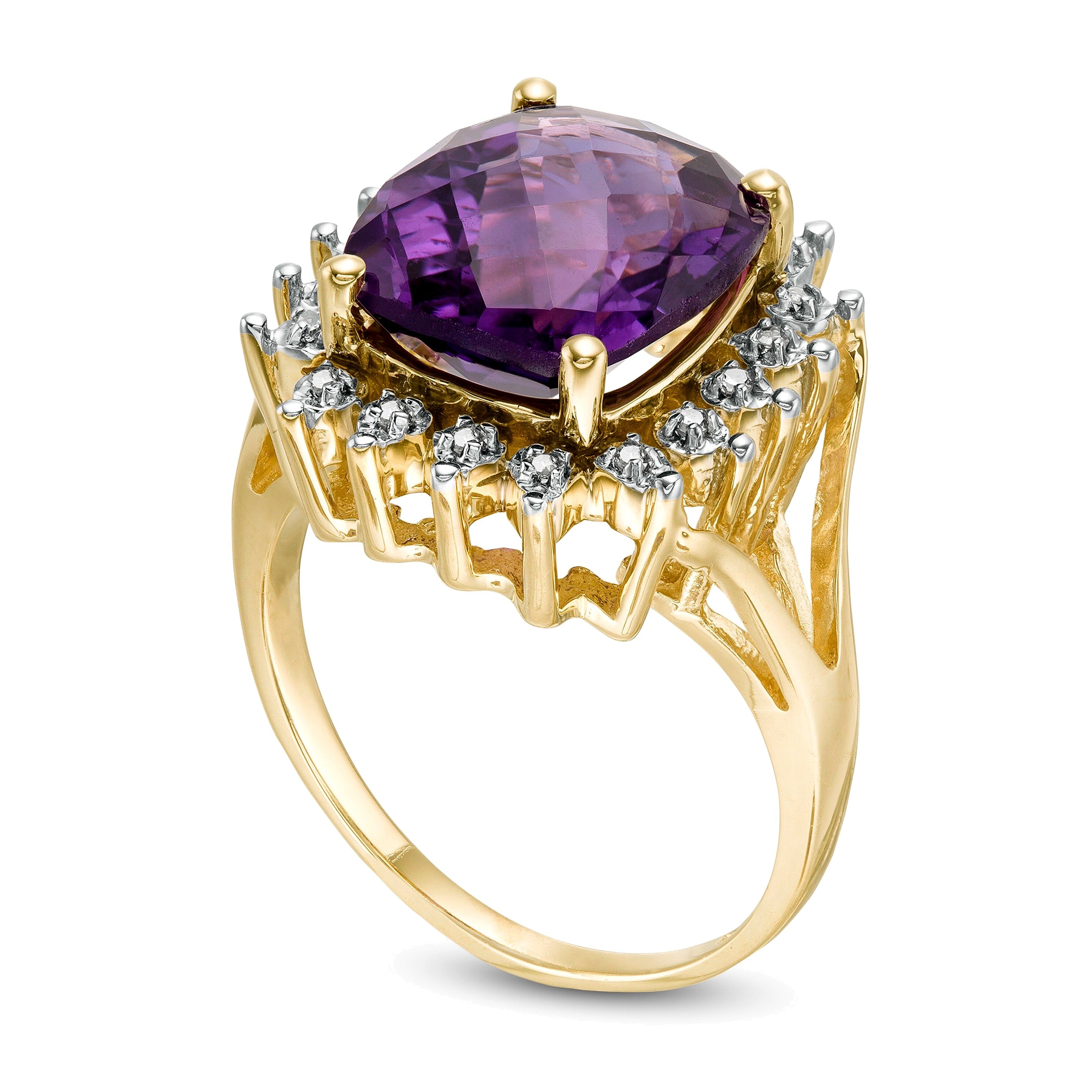 Cocktail-Ring mit Amethyst im Kissenschliff und Diamanten 0,1 ct. Gesamtgewicht in 10K Gelbgold