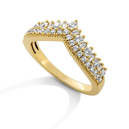0.63 ct. Gesamtgewicht Baguette- und runder Diamant Chevron-Memoire-Ring im Vintage-Stil mit Doppelreihe in 14K Gelbgold