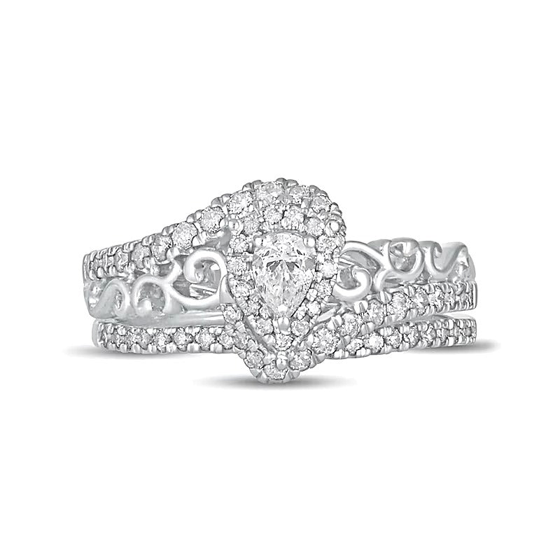 0.63 ct. Gesamtgewicht Braut-Set mit tropfenförmigen Diamanten und Bypass-Design in 10K Weißgold