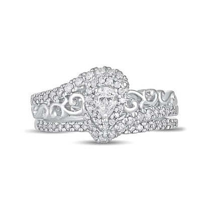 0.63 ct. Gesamtgewicht Braut-Set mit tropfenförmigen Diamanten und Bypass-Design in 10K Weißgold