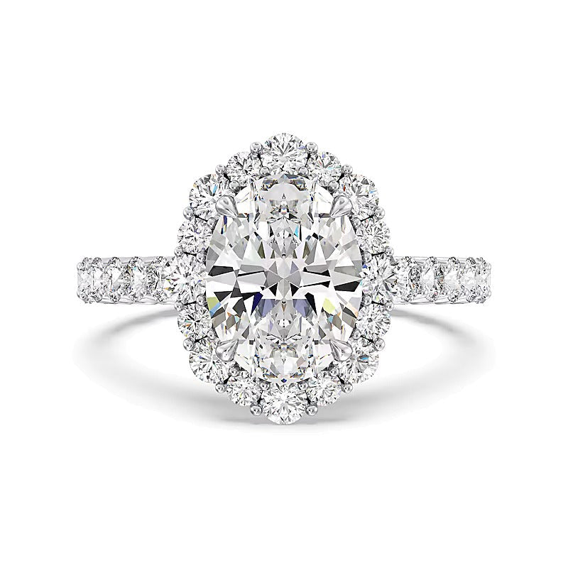 Halo-Verlobungsring mit ovalem Labordiamant 4,75 ct. Gesamtgewicht in 14K Weißgold