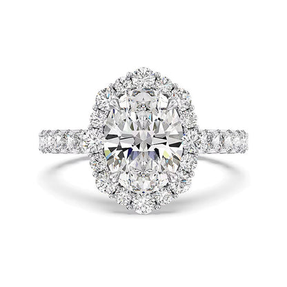 Halo-Verlobungsring mit ovalem Labordiamant 4,75 ct. Gesamtgewicht in 14K Weißgold