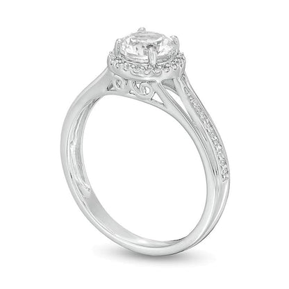 6,0 mm im Labor gezüchteter weißer Saphir und 0,13 ct. Gesamtgewicht Diamant Fashion-Ring mit Split-Shank und Halo in rhodiniertem Sterlingsilber