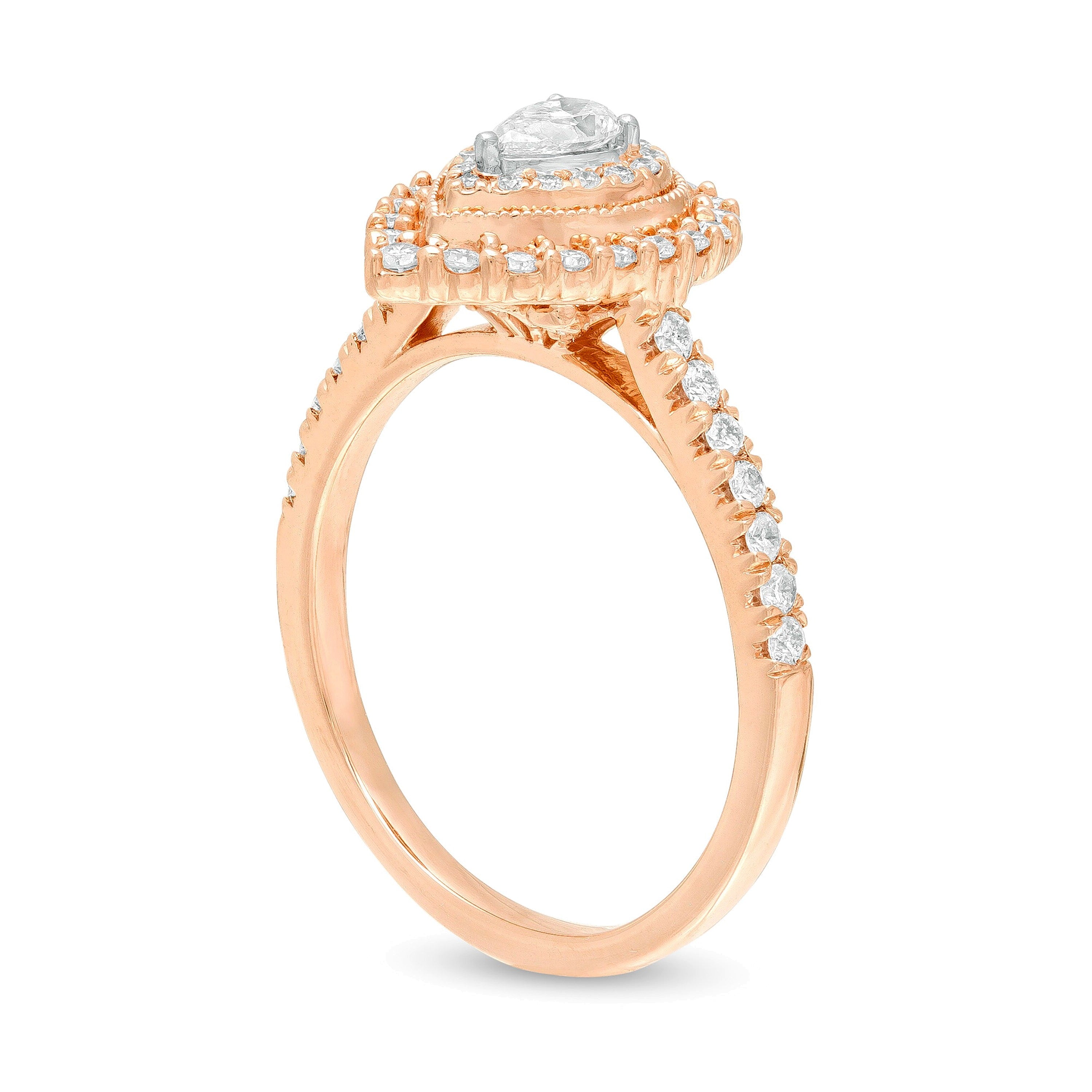 0,63 ct. Gesamtgewicht Halo-Verlobungsring mit tropfenförmigem und rundem weißem Diamant im Vintage-Stil in 10K Roségold