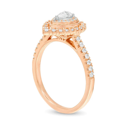 0,63 ct. Gesamtgewicht Halo-Verlobungsring mit tropfenförmigem und rundem weißem Diamant im Vintage-Stil in 10K Roségold