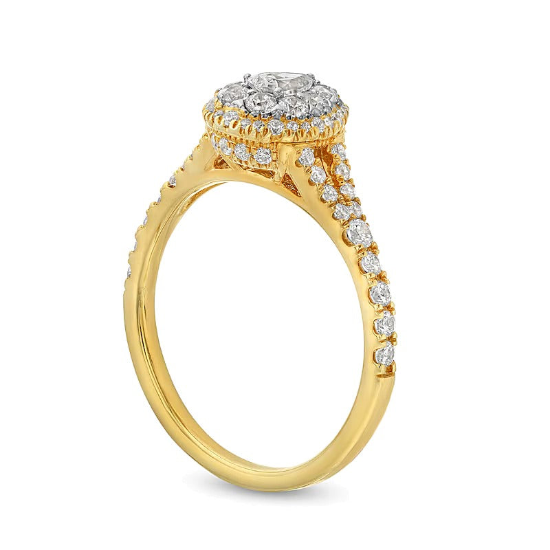 Multi-Stone Verlobungsring 0,75 ct. Gesamtgewicht mit Diamanten in Tropfen- und Rundschliff, Split-Shank, 10K Gelbgold