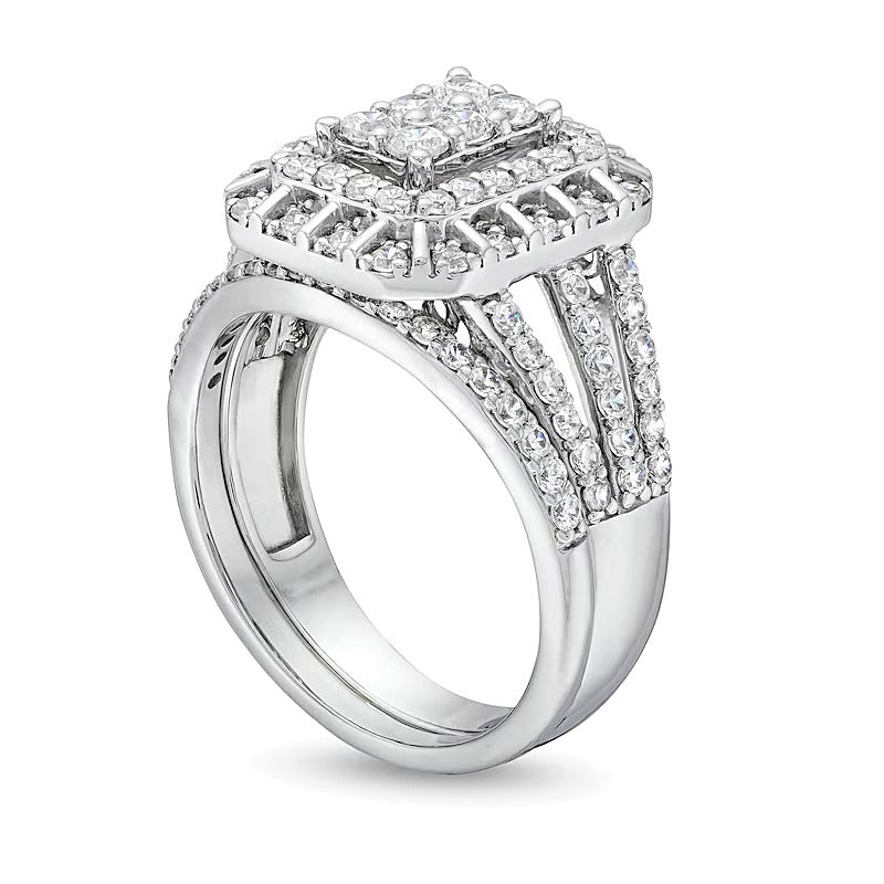 1.0 CT. Gesamtgewicht Braut-Set mit Smaragd und mehreren runden weißen Diamanten, dreireihig, Split-Shank, in 10K Weißgold