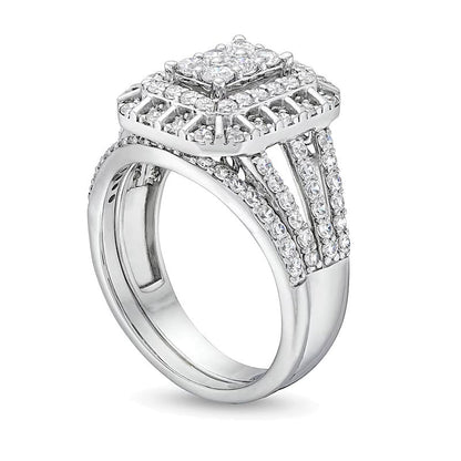 1.0 CT. Gesamtgewicht Braut-Set mit Smaragd und mehreren runden weißen Diamanten, dreireihig, Split-Shank, in 10K Weißgold
