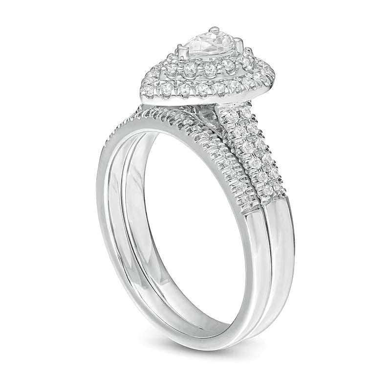 0,75 ct. Gesamtgewicht Braut-Set mit tropfenförmigem Diamant und doppeltem Halo in 14K Weißgold