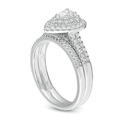 0,75 ct. Gesamtgewicht Braut-Set mit tropfenförmigem Diamant und doppeltem Halo in 14K Weißgold