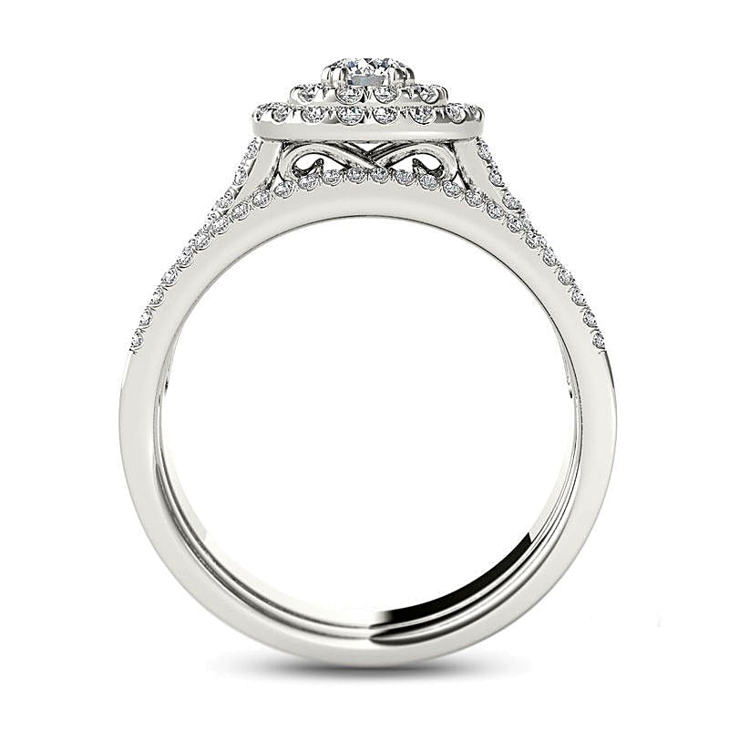 1.0 ct. Gesamtgewicht Diamant Brautset mehrreihig mit doppeltem Kissenschliff-Halo in 14K Weißgold