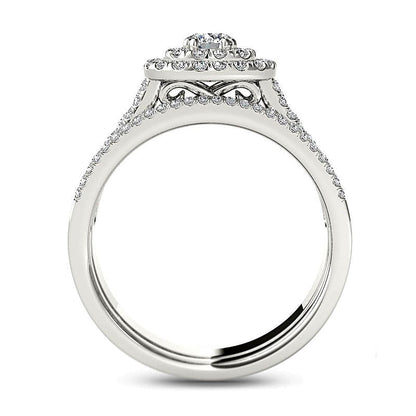 1.0 ct. Gesamtgewicht Diamant Brautset mehrreihig mit doppeltem Kissenschliff-Halo in 14K Weißgold