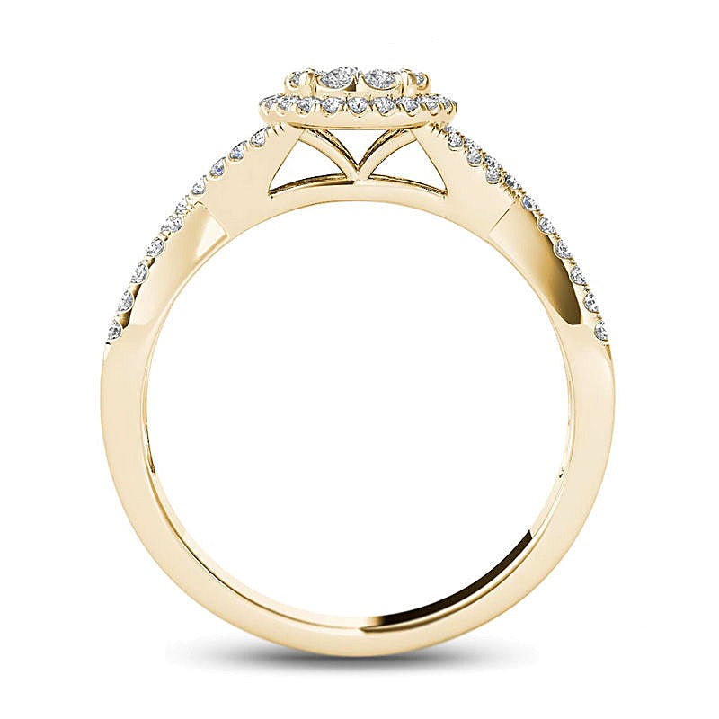 0,5 ct. Gesamtgewicht Diamant-Verlobungsring mit Halo und gedrehter Schiene in 14K Gelbgold