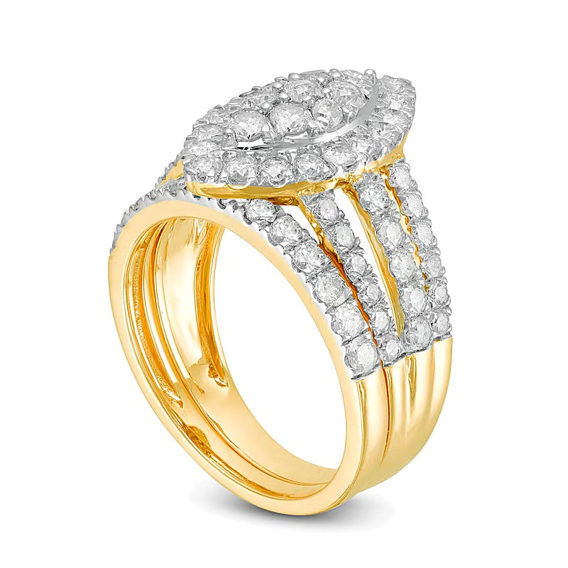 2.0 ct. Gesamtgewicht Komposit-Diamant Braut-Set mit doppeltem Marquise-Rahmen, mehrreihig, in 10K Gelbgold