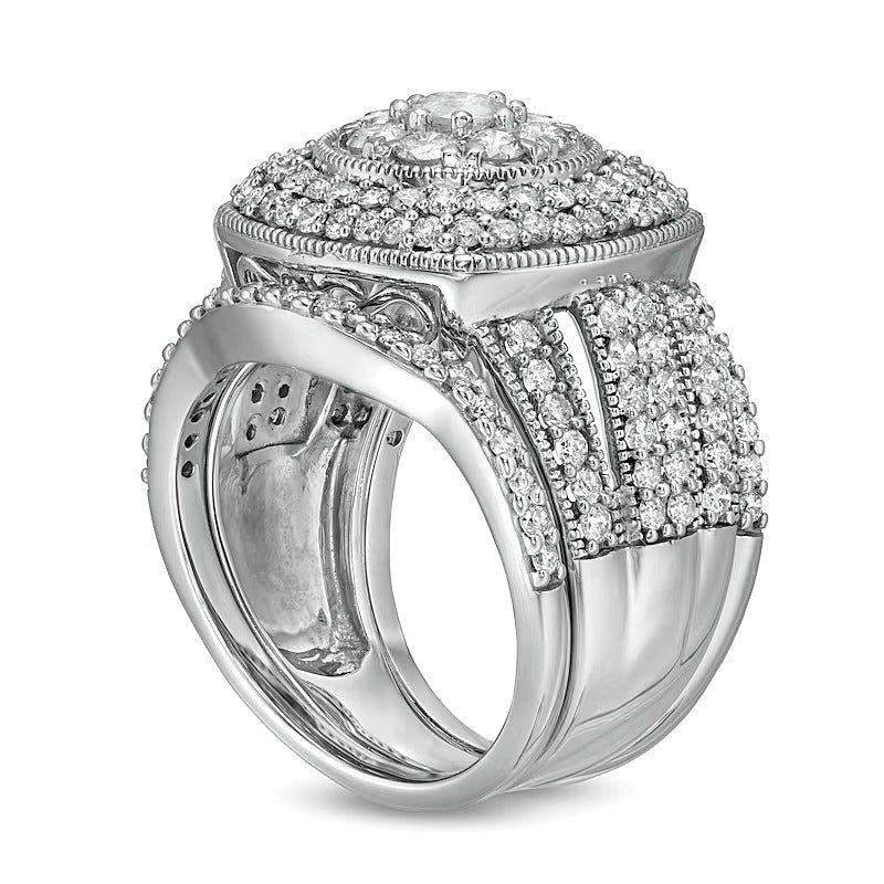 2.25 ct. Gesamtgewicht Komposit-Diamant Brautset im Vintage-Stil, mehrreihig mit Kissenschliff-Rahmen in 10K Weißgold