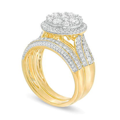 Braut-Set mit weißen Diamanten im Rundschliff, mehrreihig, 1.5 ct. Gesamtgewicht, in 10K Gelbgold