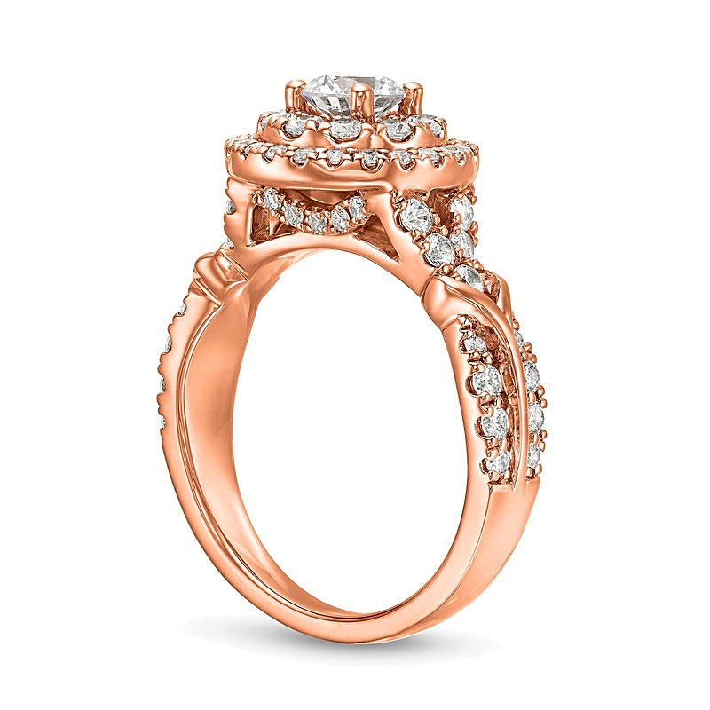 1.5 CT. Gesamtgewicht Diamant Verlobungsring mit ovalem Halo und doppelter Reihe in 14K Roségold (I/I2)