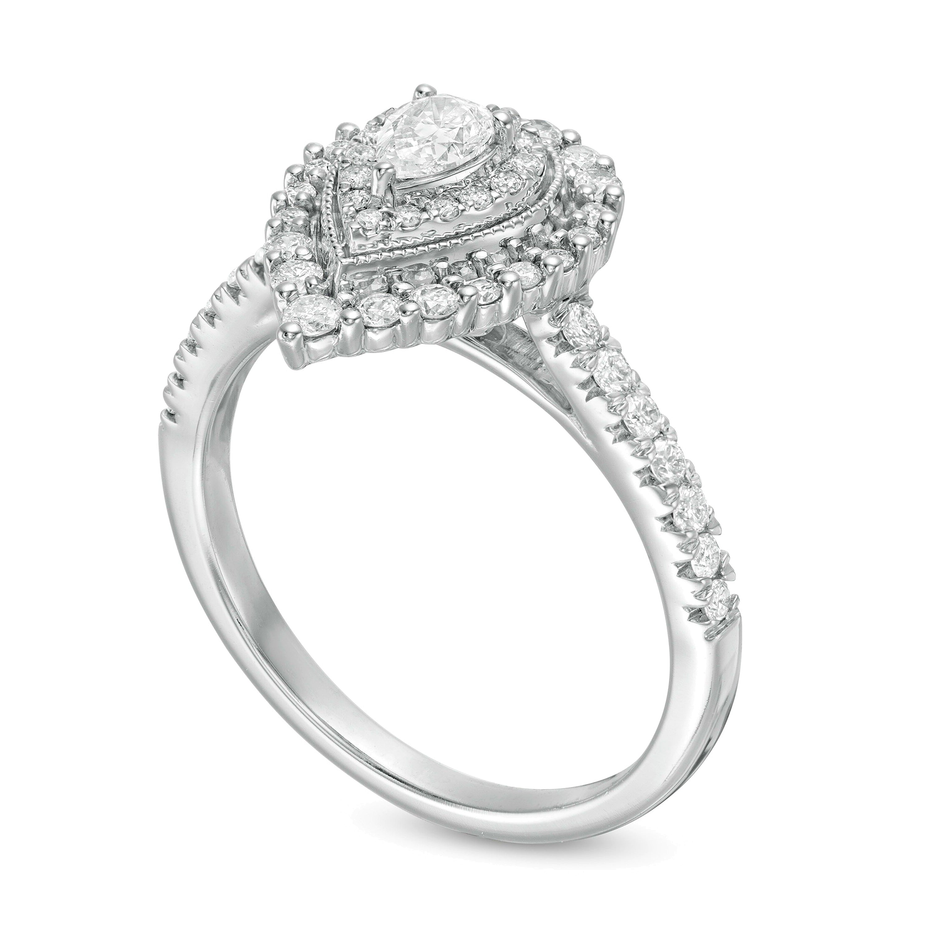 0,63 ct. Gesamtgewicht Verlobungsring im Vintage-Stil mit tropfenförmigem Diamant und doppeltem Halo in 10K Weißgold