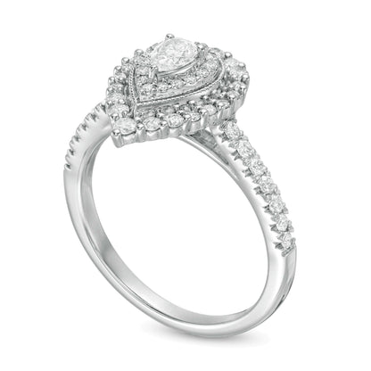 0,63 ct. Gesamtgewicht Verlobungsring im Vintage-Stil mit tropfenförmigem Diamant und doppeltem Halo in 10K Weißgold