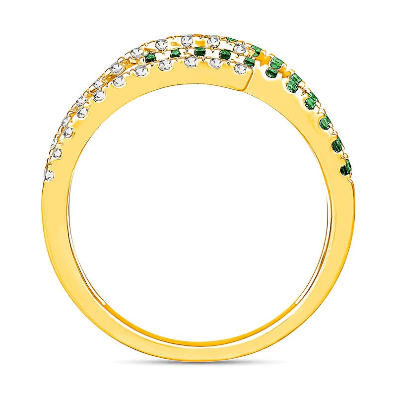 Fashion-Ring mit Smaragd und 0,5 ct. Gesamtgewicht Diamanten, mehrreihig mit offener Ringschiene, in 10K Gelbgold